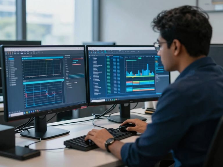 Analysts collaborating over dual monitors, one screen showing transaction graphs, modern Bangalore office, cool daylight, blue screen glow, deep blues, sharp focus, 50mm
