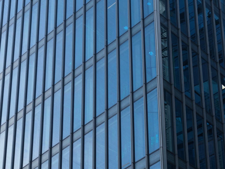 Abstract architectural geometry representing secure data flow and compliance, cool daylight, deep blues, sharp focus, 50mm