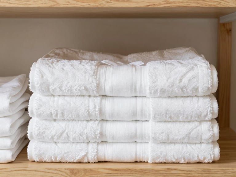 Crisp straight-on medium shot of neatly folded white bath towels and linens stacked on a clean wooden shelf, bright even neutral daylight, sharp focus, 35mm