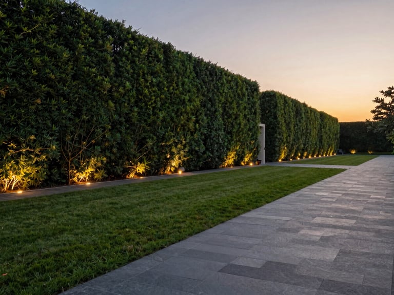 Wide-angle twilight photograph looking down a long linear lawn terminated by a dense, perfectly manicured tall hedge, slate walkways, architectural lighting