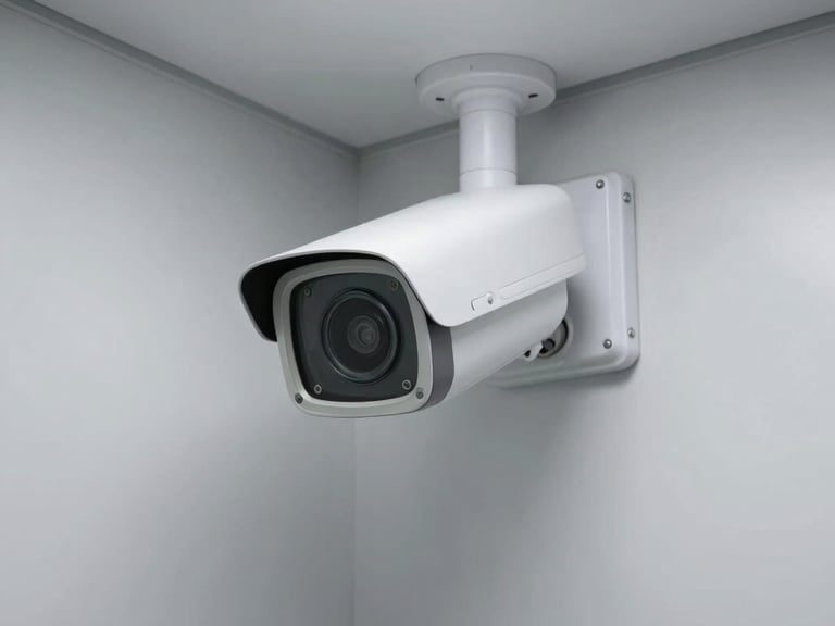 Secure entrance gate with digital access card reader, clear CCTV camera visible, modern and robust, warm editorial photography, natural window daylight.