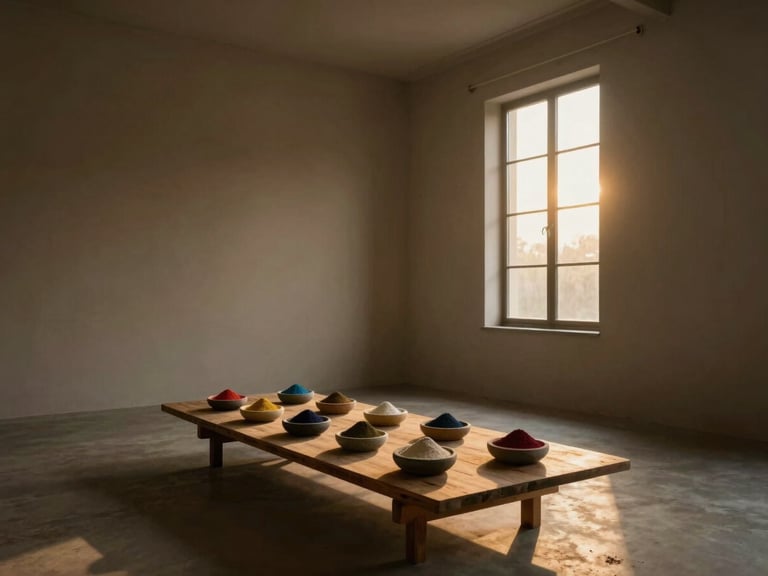 Wide environmental shot of a sparse, high-ceilinged room at dusk — a single low wooden table at center, natural pigment powders in small stone bowls arranged in a loose line, warm golden-hour light entering from a tall window to the right, deep shadows on the left wall, no people, no devices, archival stillness