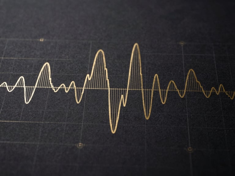 Minimalist line drawing overlay of an acoustic wave pattern on a dark technical schematic background, gold accents