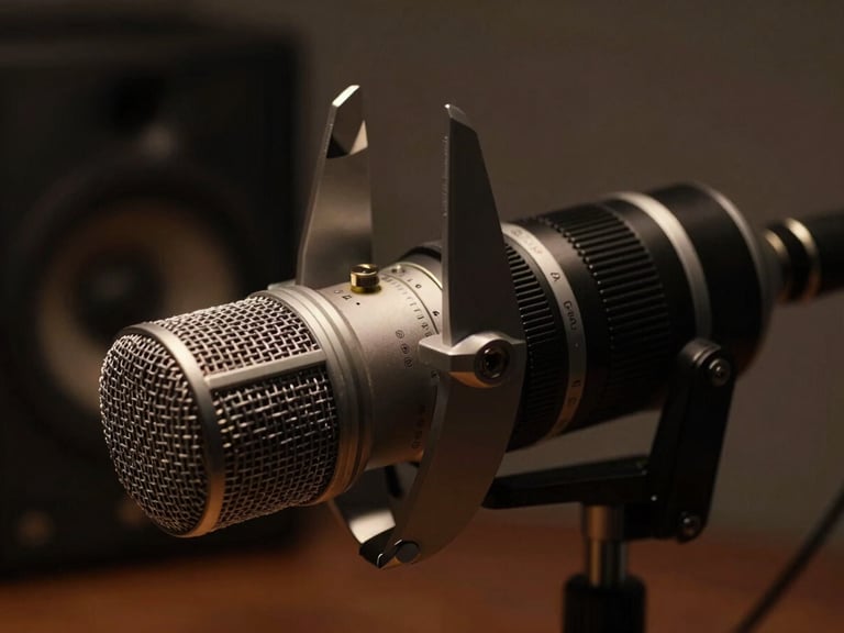 Close-up of technical measurement microphone calibrating an acoustic space, soft warm lighting, professional audio gear