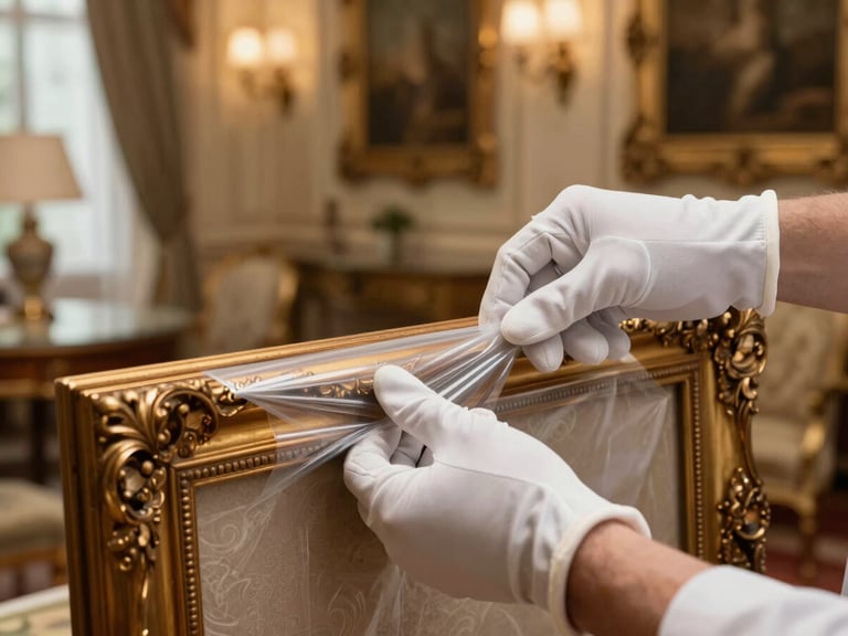 Close-up of professional hands wearing immaculate white gloves, carefully wrapping an ornate golden antique frame in premium multi-layered protective film, dramatic warm lighting, luxury villa interior background.