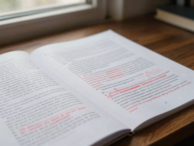 Close-up of a printed scientific manuscript with red-ink editorial annotations and corrections, lying on a dark wooden desk under soft library light, 35mm.