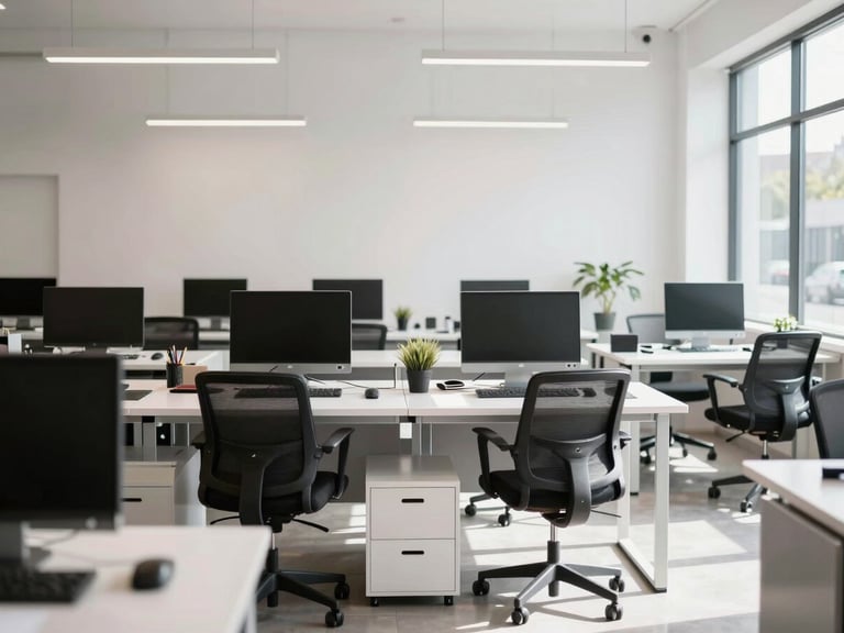 Straight-on eye-level medium shot of a clean modern local business workspace, bright natural daylight, 35mm photography