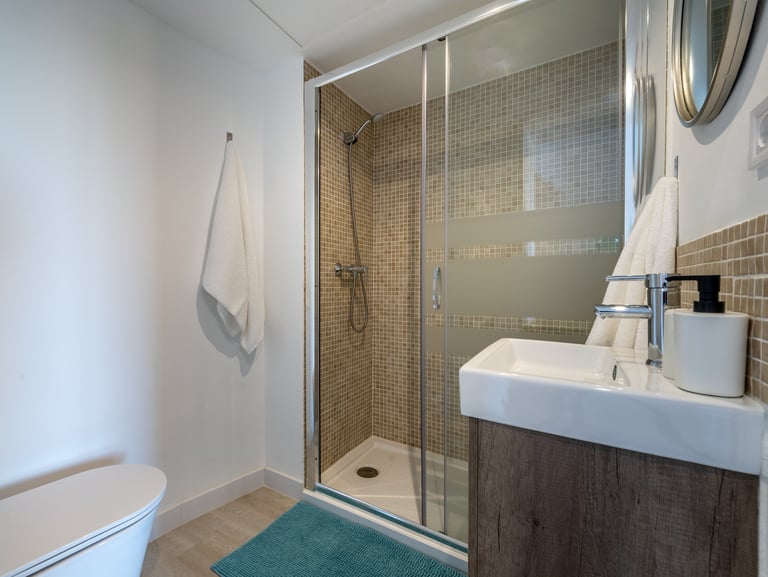 a bathroom with a shower and a toilet