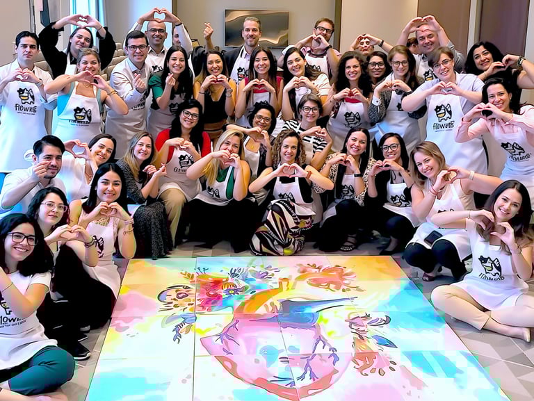 a group of people standing around a large painting