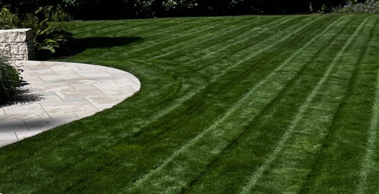 a lawn with a stone wall and a patio in the grass