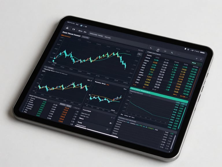 High-fidelity tablet dashboard displaying complex real-time investment charts, structured data grids, and subtle sea green accent lines, clean workspace background.