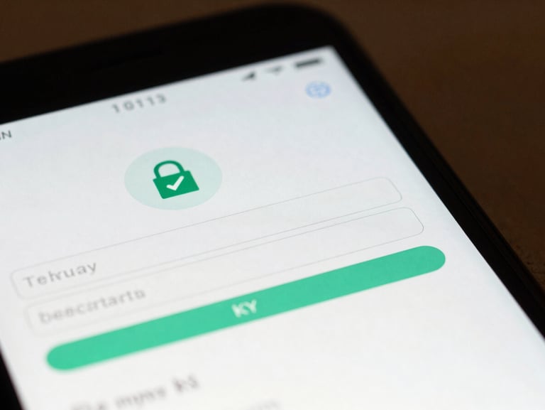Macro close-up of a mobile banking KYC onboarding screen, showing clean input fields, a secure verification badge, and a sea green progress indicator under bright studio light.
