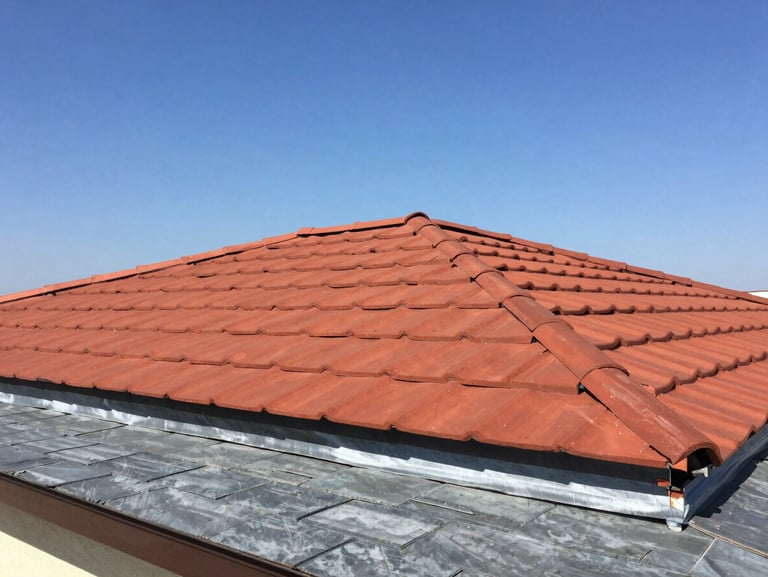 A fully restored modern tile roof in Manisa, pristine red clay tiles, professional membrane insulation underneath, clear blue sky, bright natural daylight