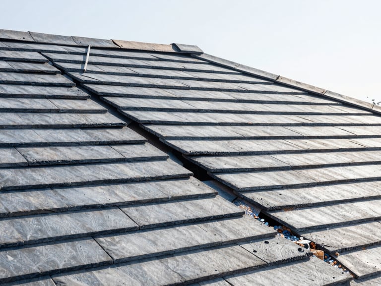 A damaged, leaking old tile roof in Manisa with broken clay tiles and visible water damage, close-up, natural daylight