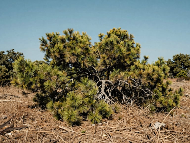 Wide-angle landscape shot of an overgrown plot in Kifisia, dense dry brush, wild pine branches touching the ground, harsh summer sun.
