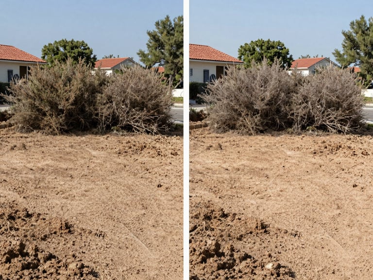Before and after split screen of a cleared suburban plot in Attica, showing dense dry brush removed, revealing clean safe soil, bright daylight.