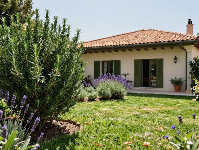 A beautifully maintained Mediterranean villa garden in Glyfada with rosemary, lavender, and a pristine lawn, bright natural sunlight.