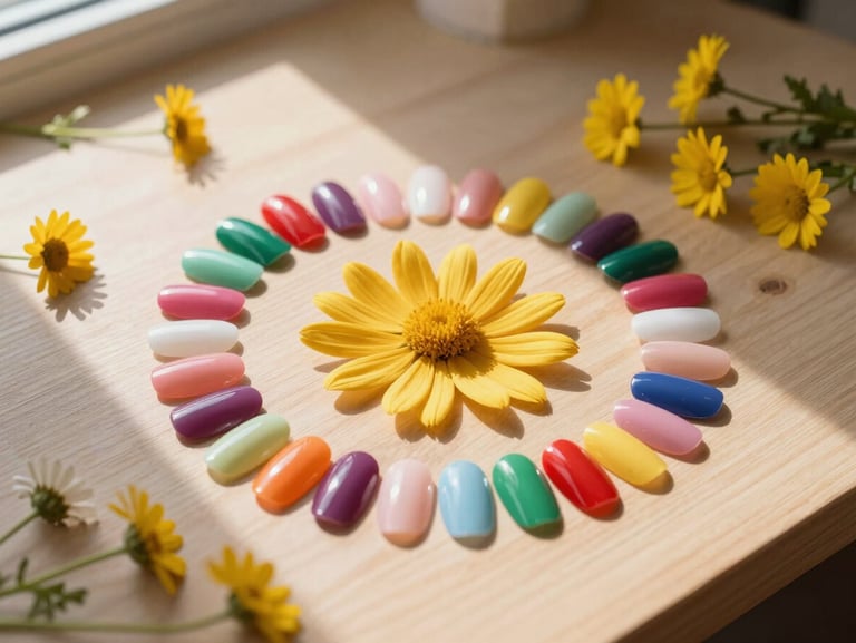 Flat-lay of colorful, reusable press-on nails arranged like flower petals on a clean wooden desk, surrounded by tiny yellow daisies, bright morning light.