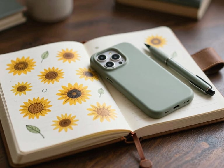 An open daily planner with whimsical hand-drawn sunflower doodles, a cute phone case resting beside a sage green pen, soft-focus background.