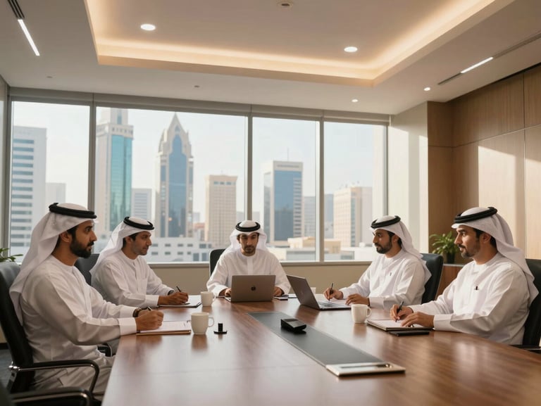 A modern, bright conference room in Riyadh's financial district, warm daylight filtering through large windows, establishing a prestigious corporate environment
