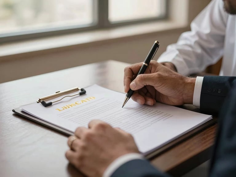 Hands of a Saudi legal expert signing a premium commercial contract with gold-embossed details under warm, natural window light