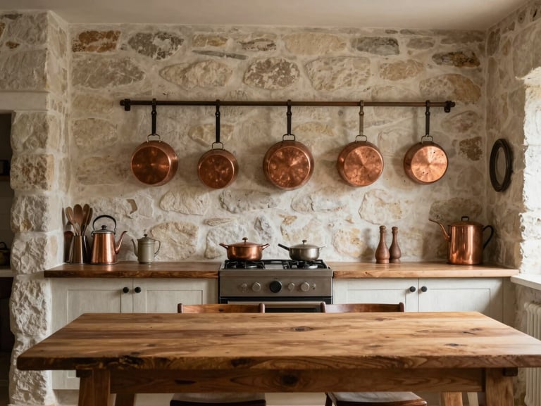 A rustic, minimally styled kitchen interior of a stone farmhouse, copper pots hanging on the wall, soft daylight illuminating a wooden table.