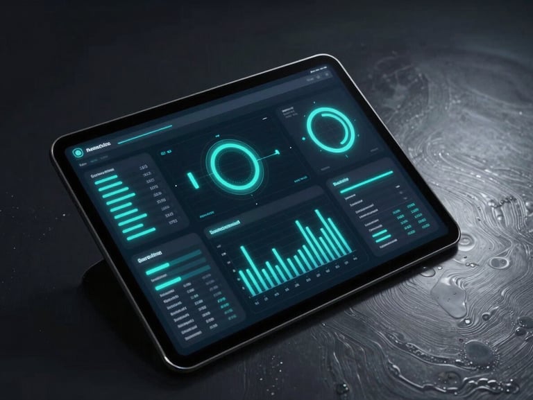 Angled isometric view of a dark-themed analytics dashboard, glowing neon cyan UI lines, dark metallic background, moody studio lighting.