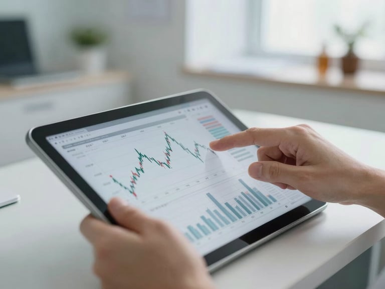 Close-up of hands interacting with a tablet showing financial charts, clean medical office background, soft natural lighting