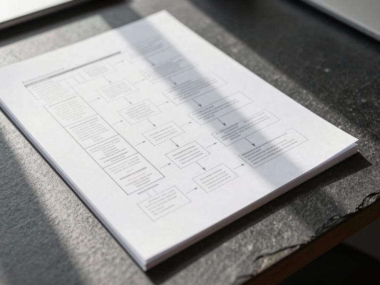 Close-up of a structured strategic framework document resting on a minimalist dark slate desk, sharp natural side-lighting, architectural shadows.
