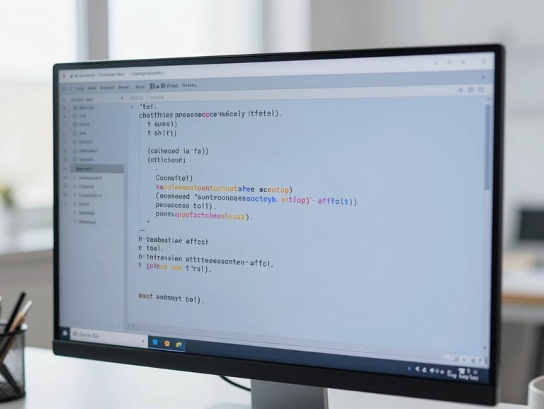 Close-up of clean code displayed on a high-resolution monitor in a bright modern workspace, soft overcast natural light