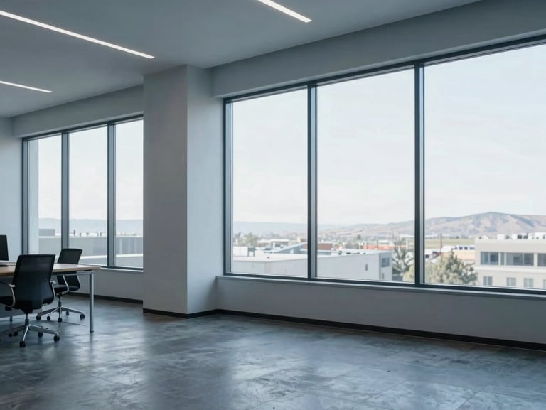 Modern clean office interior in Draper Utah with large windows, cool soft daylight, minimalist architectural lines