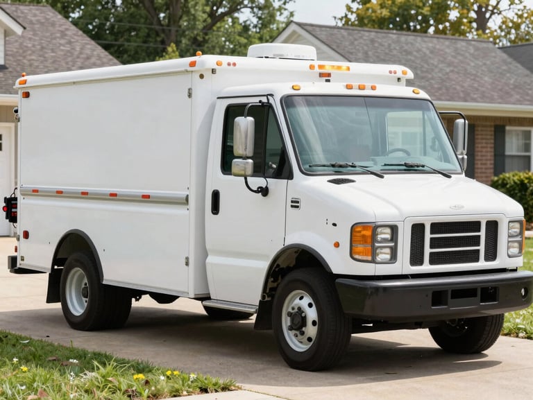 Medium shot of a clean white service truck parked on a suburban driveway in Westchester County, professional HVAC tools organized in the background under clear daylight, crisp documentary photography, 35mm lens.