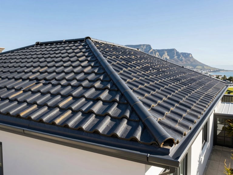 Wide-angle photograph of a premium residential estate roof in Constantia, newly installed charcoal tiles and seamless aluminum gutters under bright daylight.
