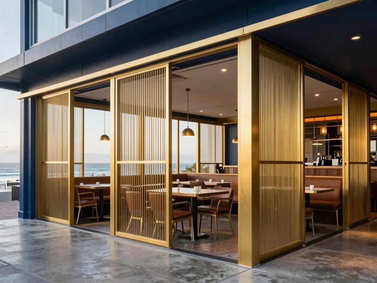 Sharp architectural close-up of a newly completed restaurant interior in Cape Town, custom steel frame partitions, warm lighting, polished concrete floor.