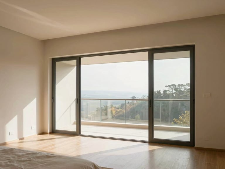Bright master bedroom with large glass doors opening to a wide balcony, warm morning light, clean architectural lines, 35mm.