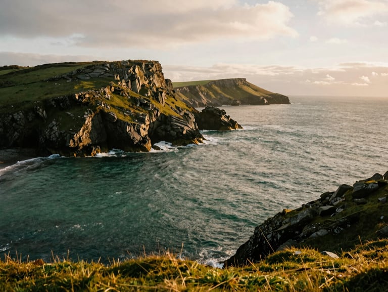 Dramatic wide panoramic view of the rugged Welsh coastline in Barry at golden hour, soft overcast daylight, deep green waters, cinematic travel photography style