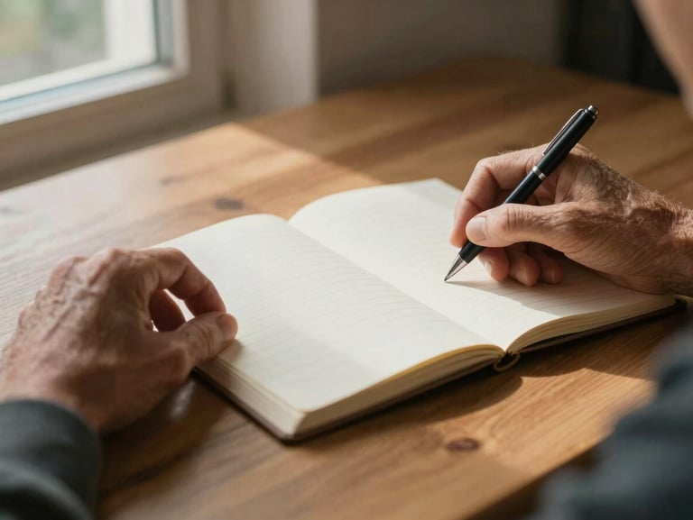 Close-up of two sets of older hands resting on a wooden table near an open notepad, natural window light from the left casting quiet shadows, a pen resting beside the notepad, calm and unhurried atmosphere, no faces visible, warm wood grain texture in background