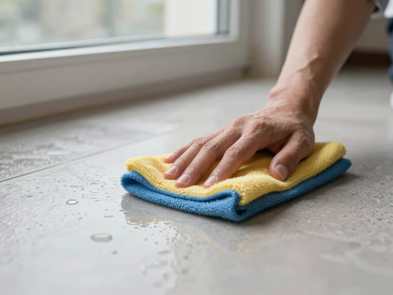 Close-up of a professional cleaning cloth wiping a commercial floor surface, daylight from a side window, wet shine visible on the cleaned section