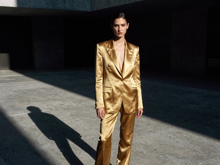 An editorial fashion campaign shot of a model in a golden silk blazer standing in a minimalist concrete courtyard in Tokyo, sharp linear shadows, dramatic lighting.