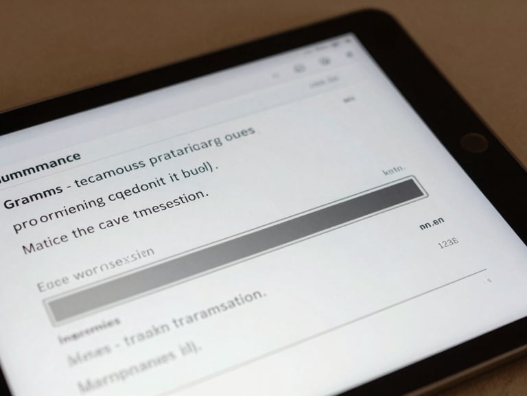 A close-up of a digital tablet screen displaying complex grammatical analytics and a progress bar, clean library lighting