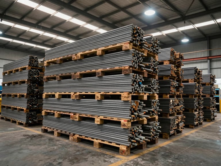 Wide environmental shot inside a forging unit warehouse, pallets of bundled scaffolding tubes stacked floor to ceiling under overhead fluorescent lights, industrial documentary framing, no workers posed