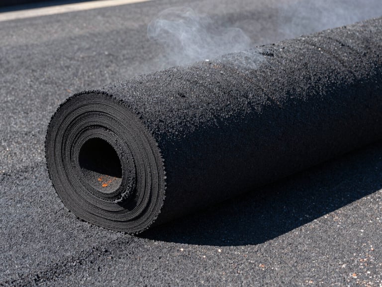 Close-up of freshly rolled, textured hot asphalt, steam rising in high-contrast midday sun, deep charcoal tones.