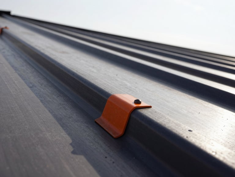 Tight macro shot of clean metal roof-line seams against a bright sky, high-contrast daylight, sharp industrial focus.