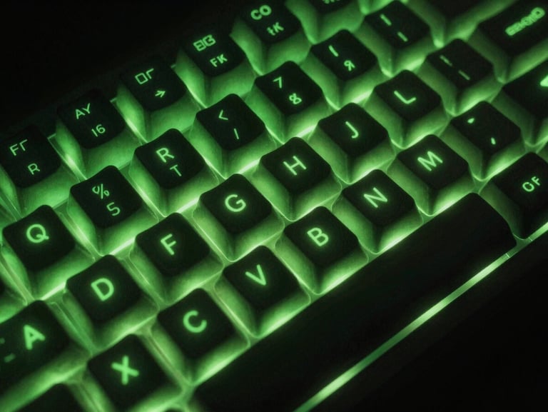 Tight macro shot of a mechanical keyboard in a low-light setup, glowing with bright volt green backlighting, emphasizing raw input control