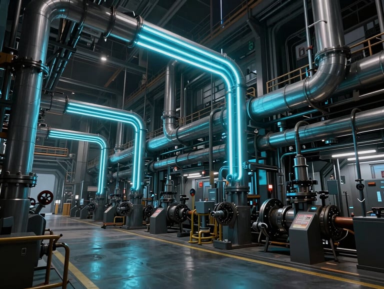 High-contrast game environment capture of a futuristic cyber-industrial factory floor, cyan neon pipes lighting up dark metallic structures