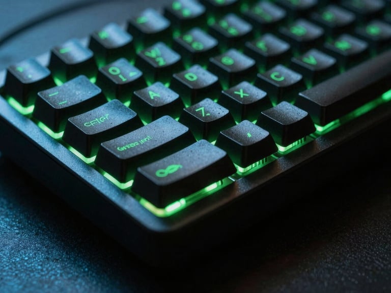 Close-up macro shot of a mechanical keyboard in a low-light studio setup, illuminated by sharp electric volt green backlighting and cool cyan ambient glow.