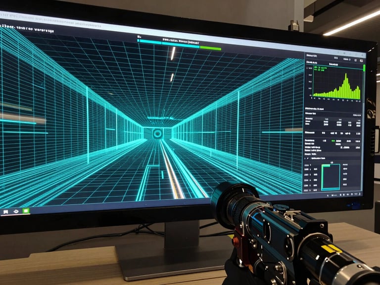 Ultra-wide cinematic gameplay capture of a high-speed sci-fi arena shooter, overlaid with bright cyan wireframe netcode performance metrics and low-latency server diagnostics.