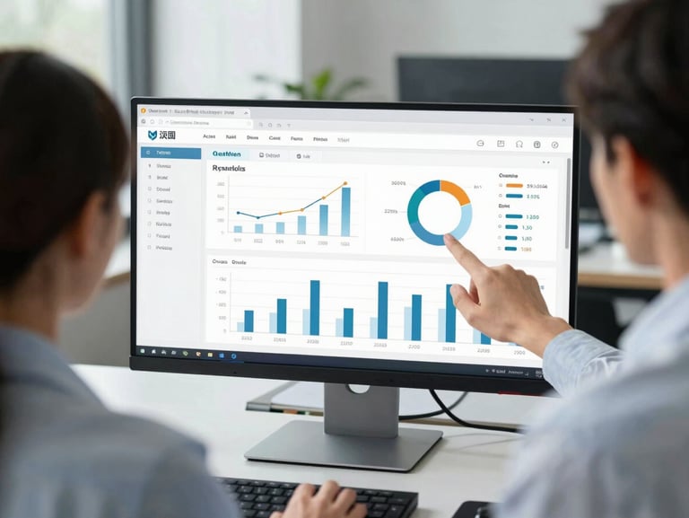 Over-the-shoulder shot of a business administrator analyzing a clean financial dashboard on a desktop monitor, bright cool-tinted daylight, modern office background.