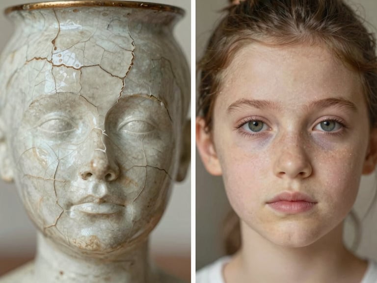 Editorial split-screen photography, left side showing a cracked family heirloom with deep creases, right side showing flawless emulsion repair and restored facial features, soft archival lighting.
