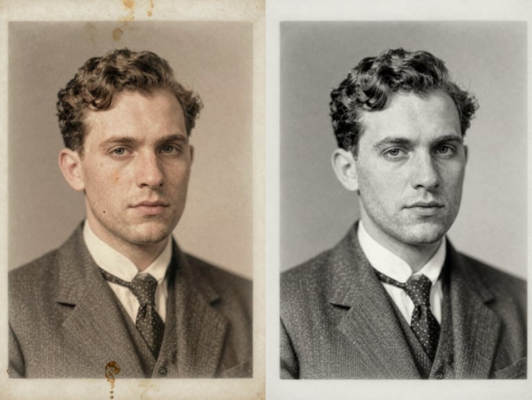 Editorial split-screen photography, left side showing a torn 1920s portrait with severe water stains, right side showing pristine silver halide detail reconstruction, muted museum tones.